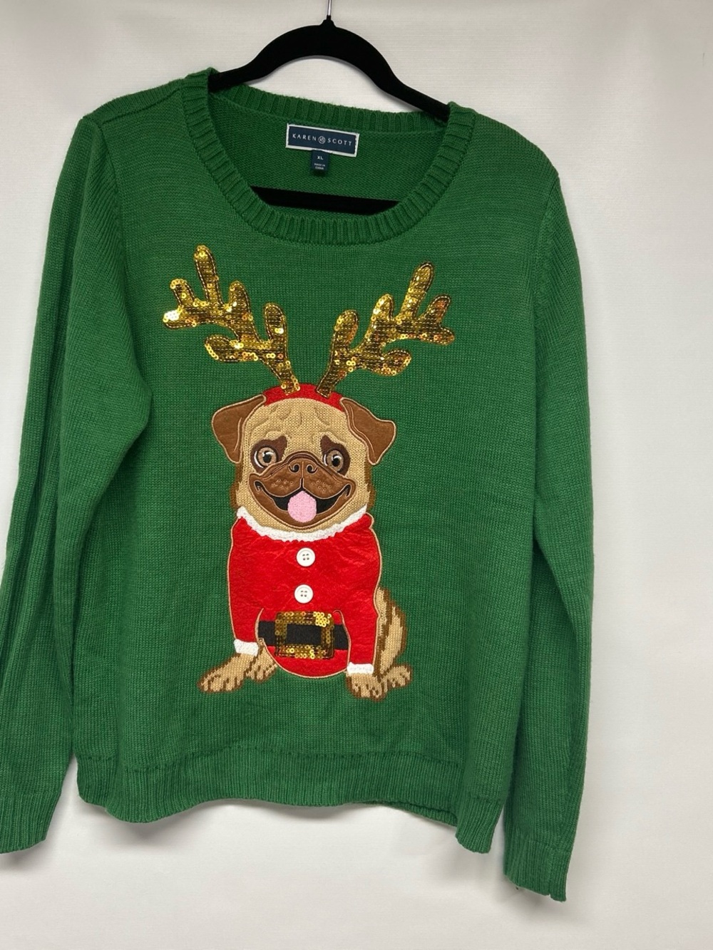 Scott Green Knit Holiday Pug Sweater with Gold Sequin Antlers